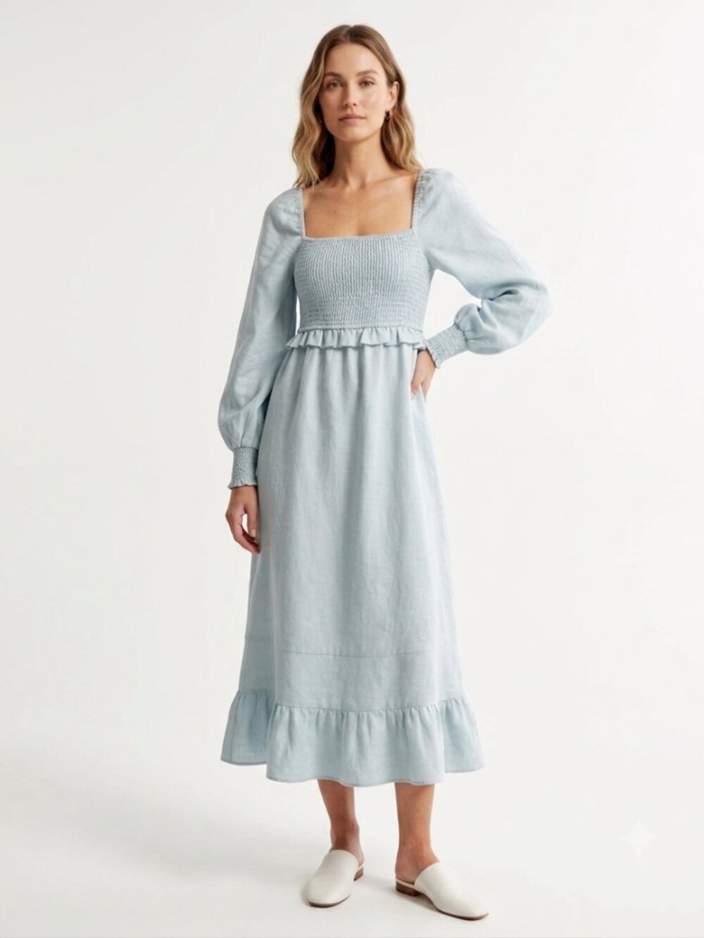 7 FOR ALL MANKIND BABY BLUE LINEN PEASANT SMOCKED MIDI DRESS - M